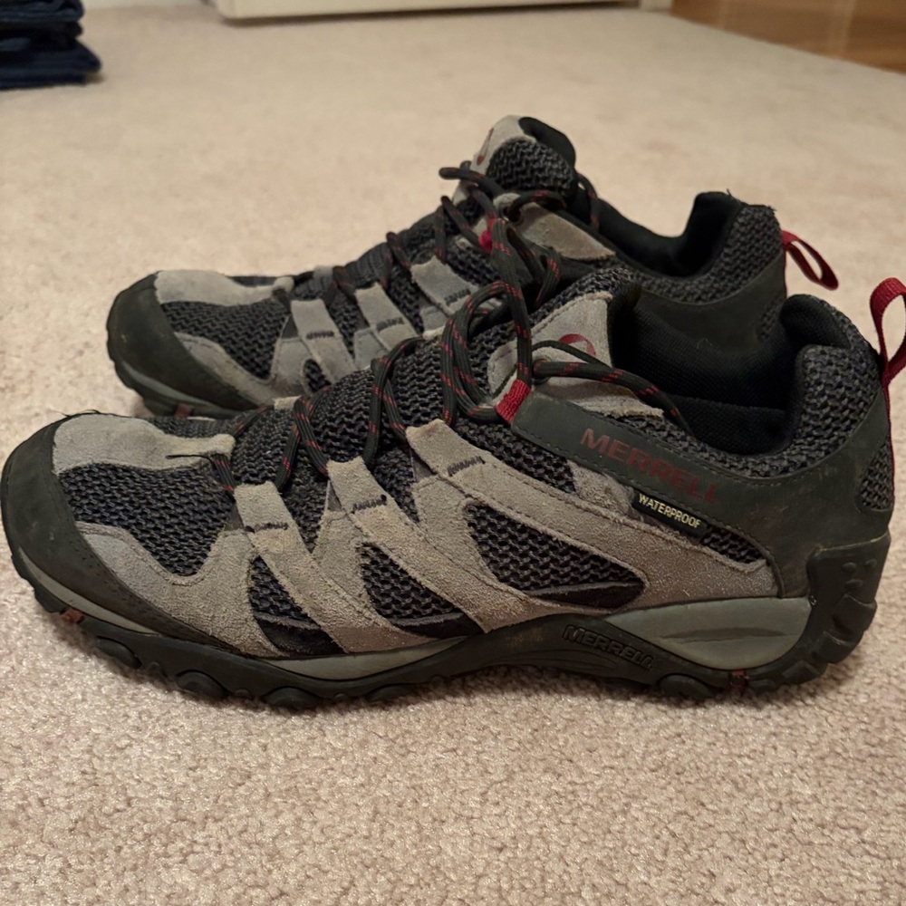 Merrell Men's Gray and Black Waterproof Hiking Sneakers with Red Accents
